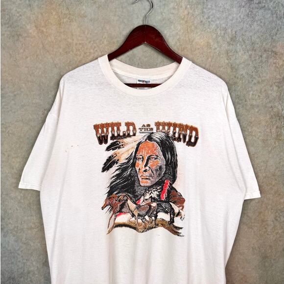 VTG Wild as the Wind Native T Shirt Sz XL White Western Horses Nature 90s Indian - Picture 2 of 8